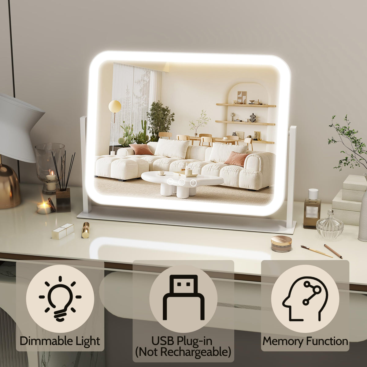 ROLOVE Lighted Makeup Mirror side view showing 360° rotation