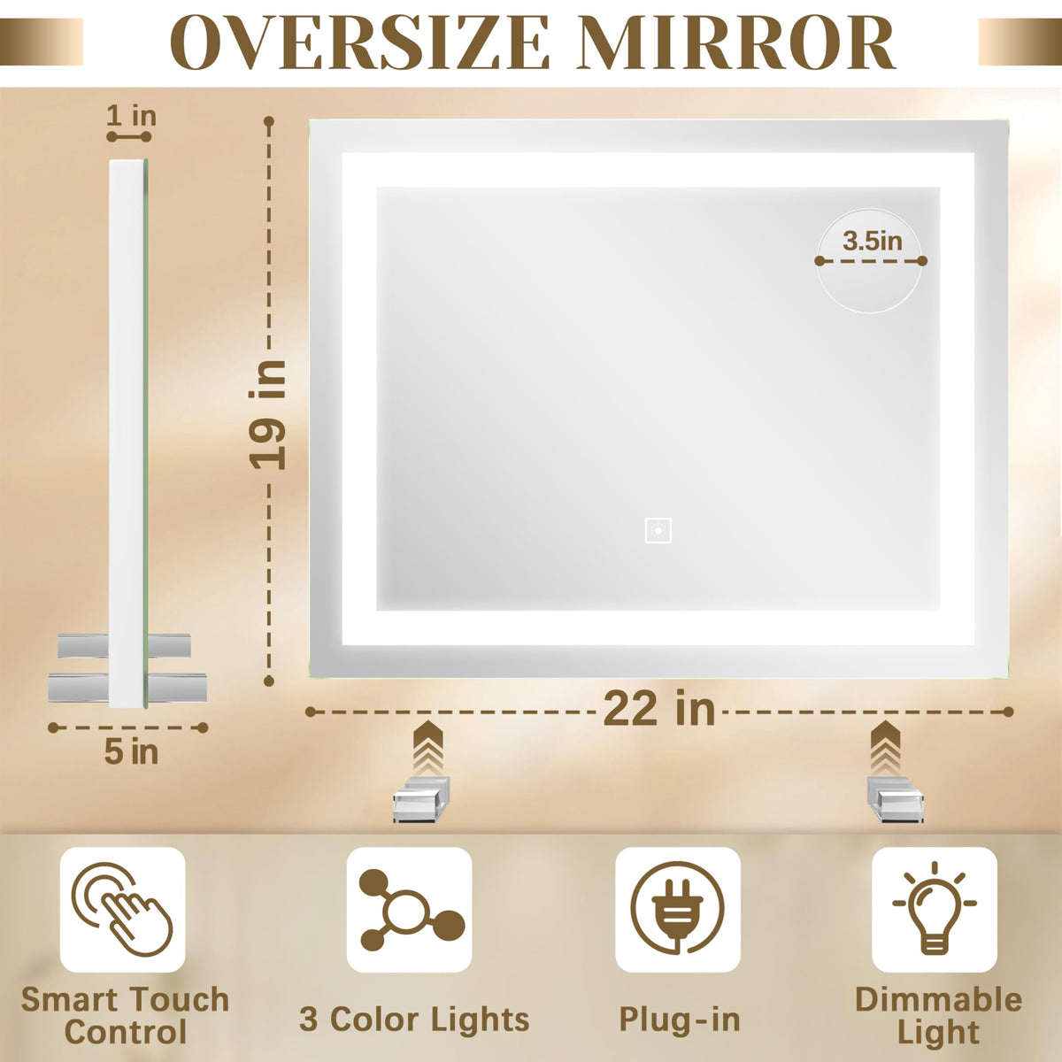 ROLOVE Lighted Vanity Mirror side view showing touch-sensitive controls
