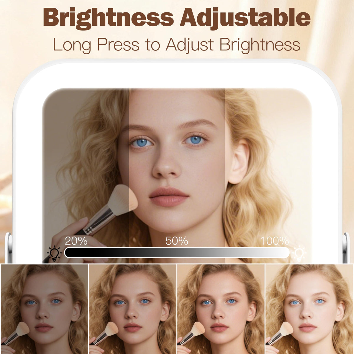 ROLOVE Travel Makeup Mirror displaying three lighting modes