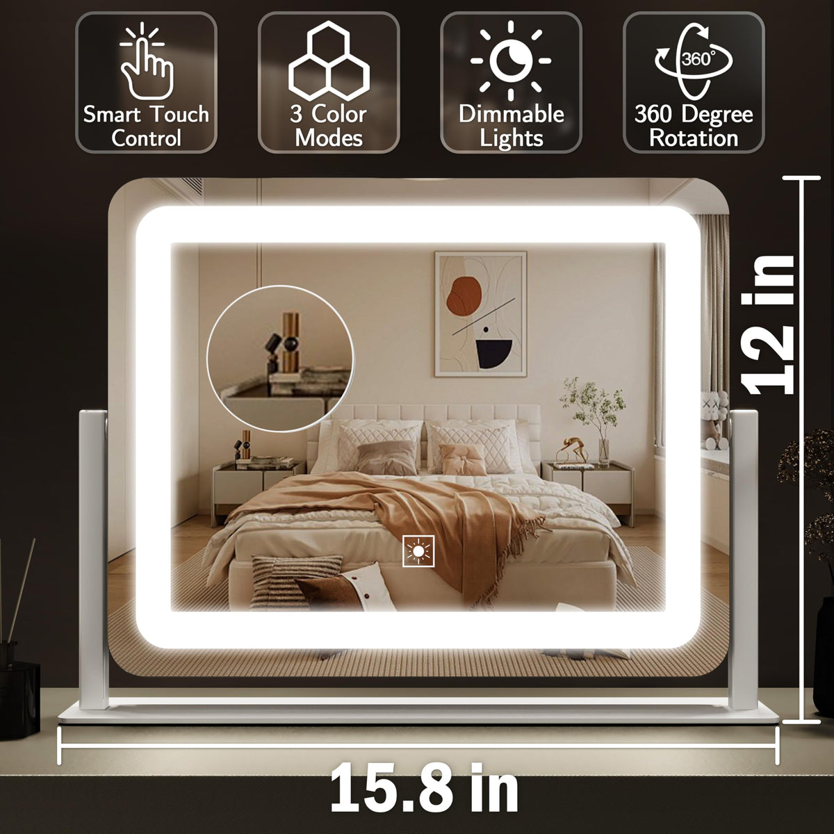 ROLOVE Vanity Mirror showing three colour lighting options