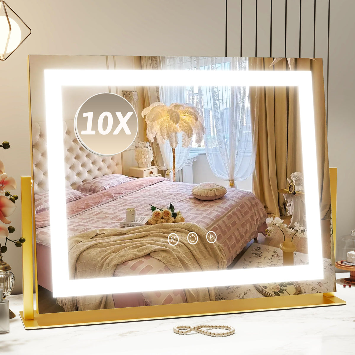 ROLOVE Vanity Mirror with lights front view in gold finish