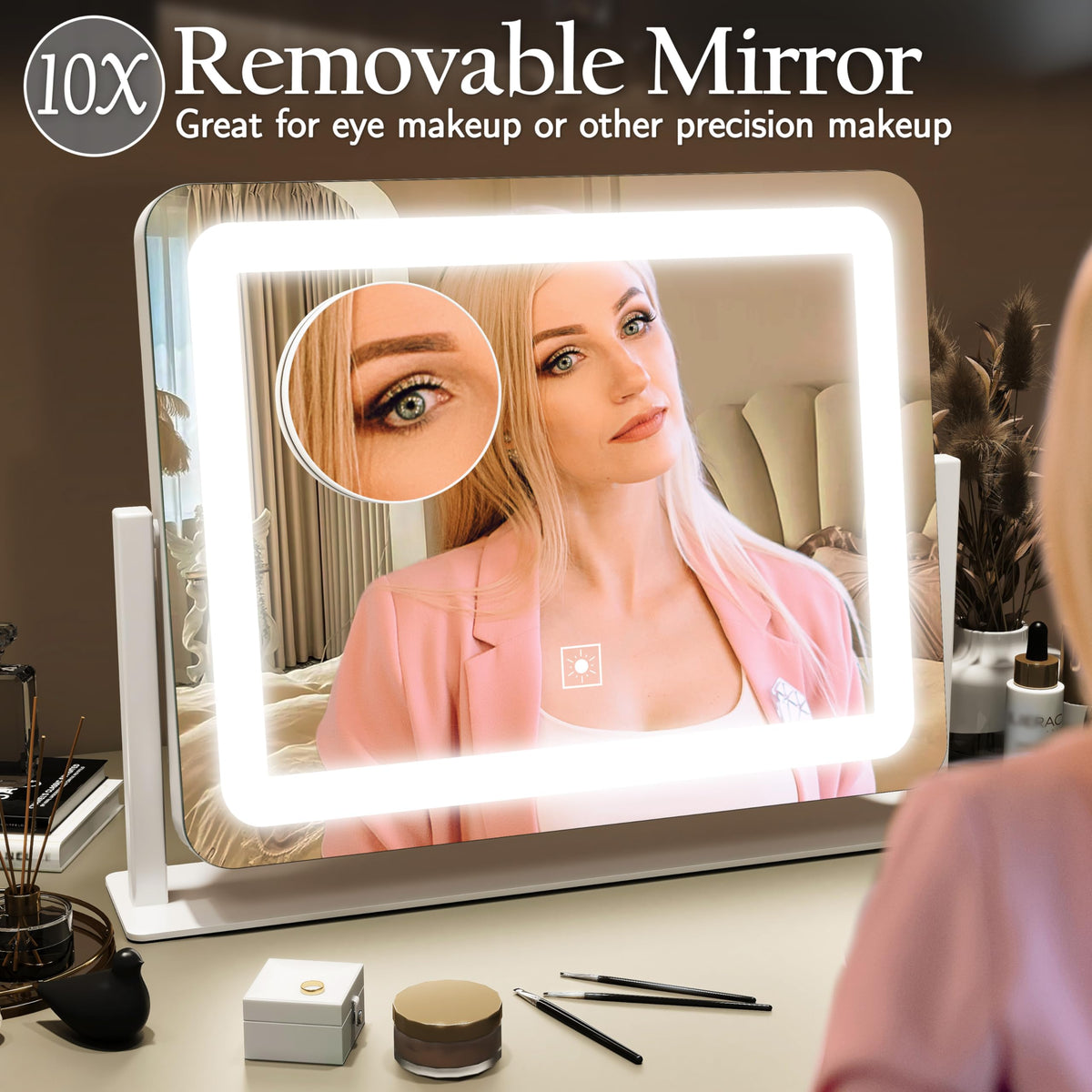 ROLOVE Vanity Mirror with lights in use for makeup application