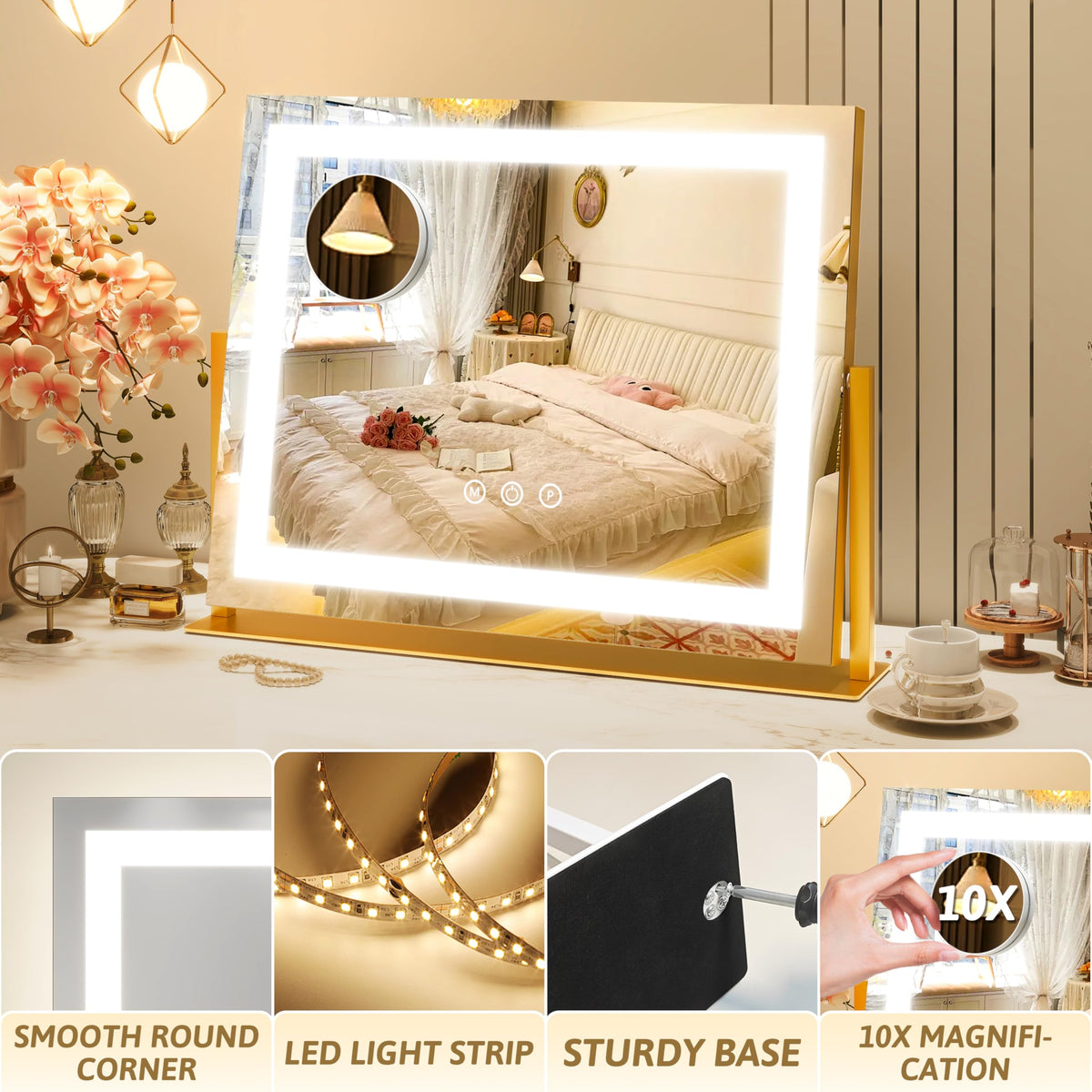 ROLOVE Vanity Mirror with lights on a stylish vanity setup