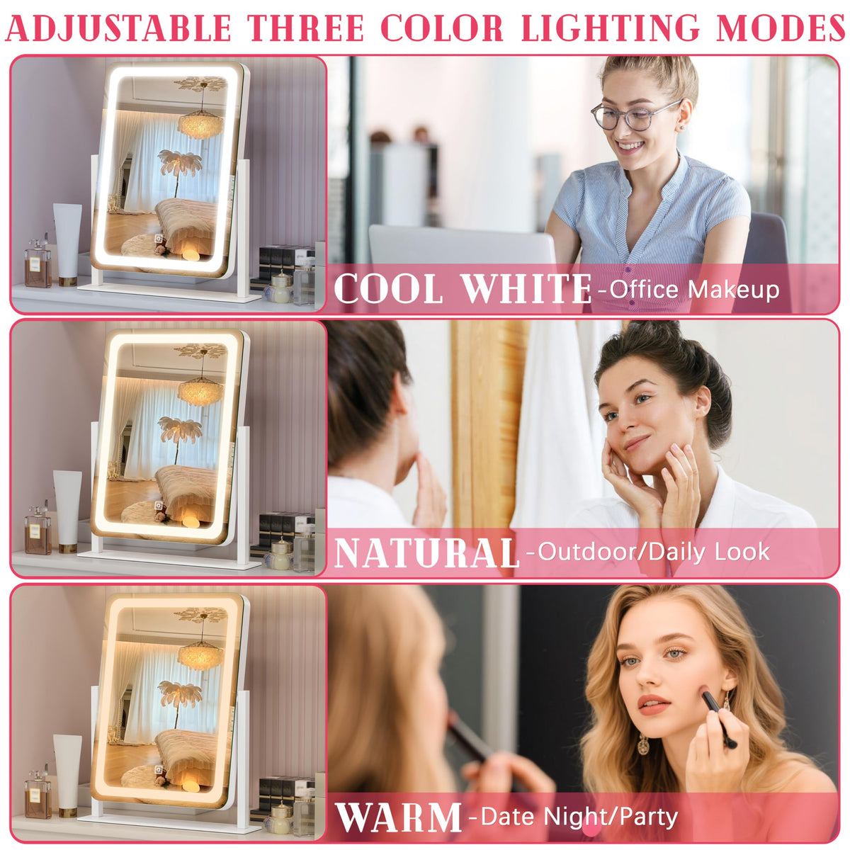 ROLOVE Vanity Mirror with Lights showing natural light setting