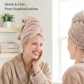 ROLSHOL hair towel wrap on a model demonstrating use