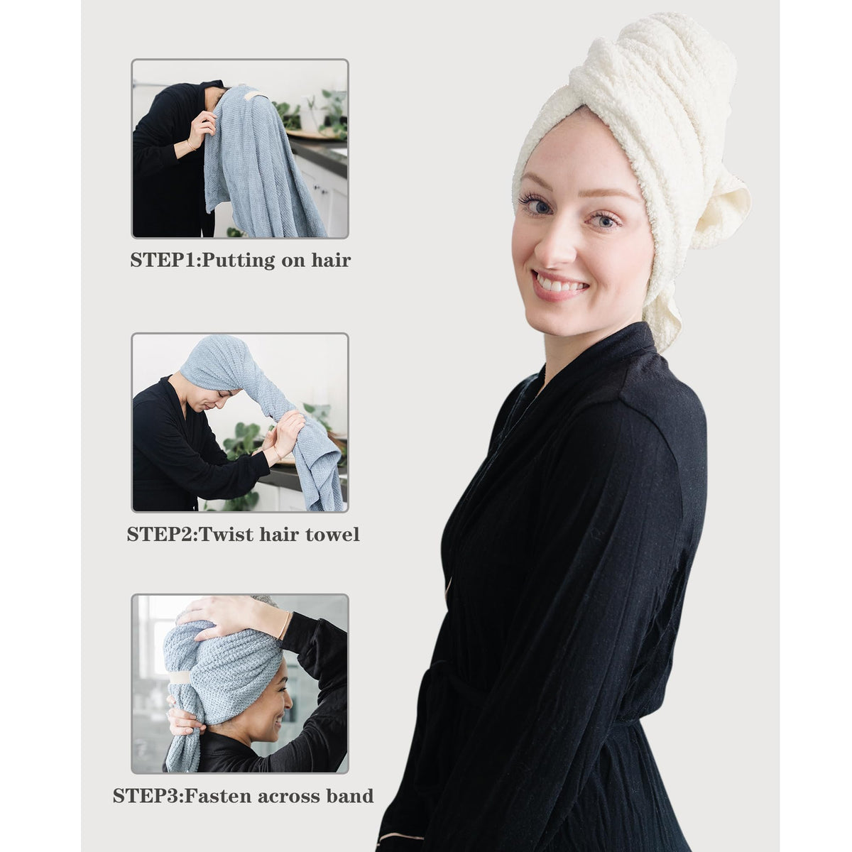 ROLSHOL hair towel wrapped on a model