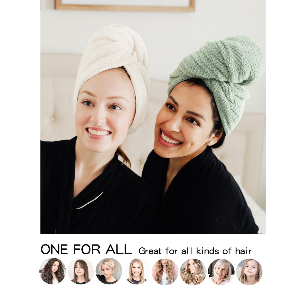 ROLSHOL Microfiber Hair Towel Wraps displayed on a bathroom counter
