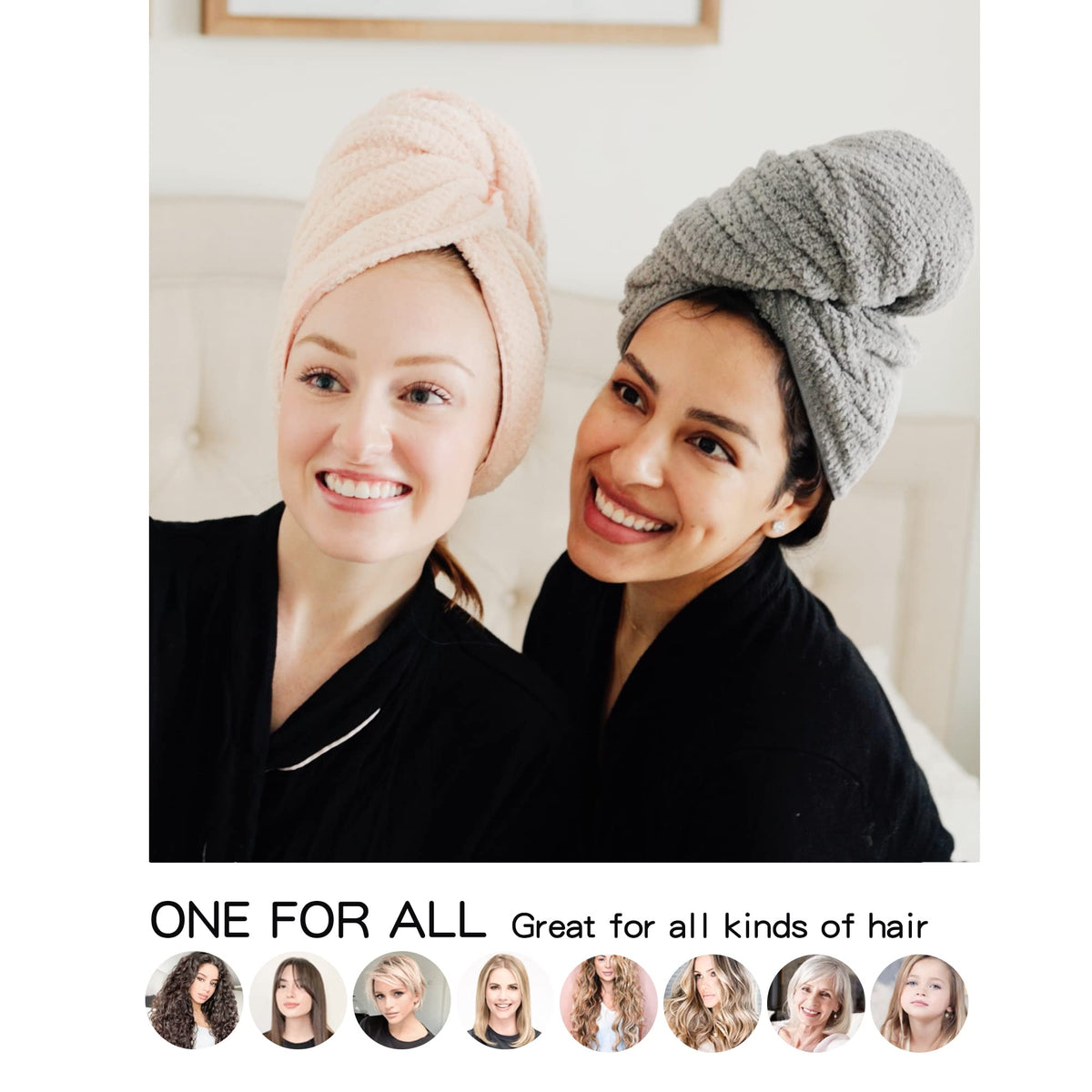 ROLSHOL Microfiber Hair Towel Wraps displayed on a bathroom counter