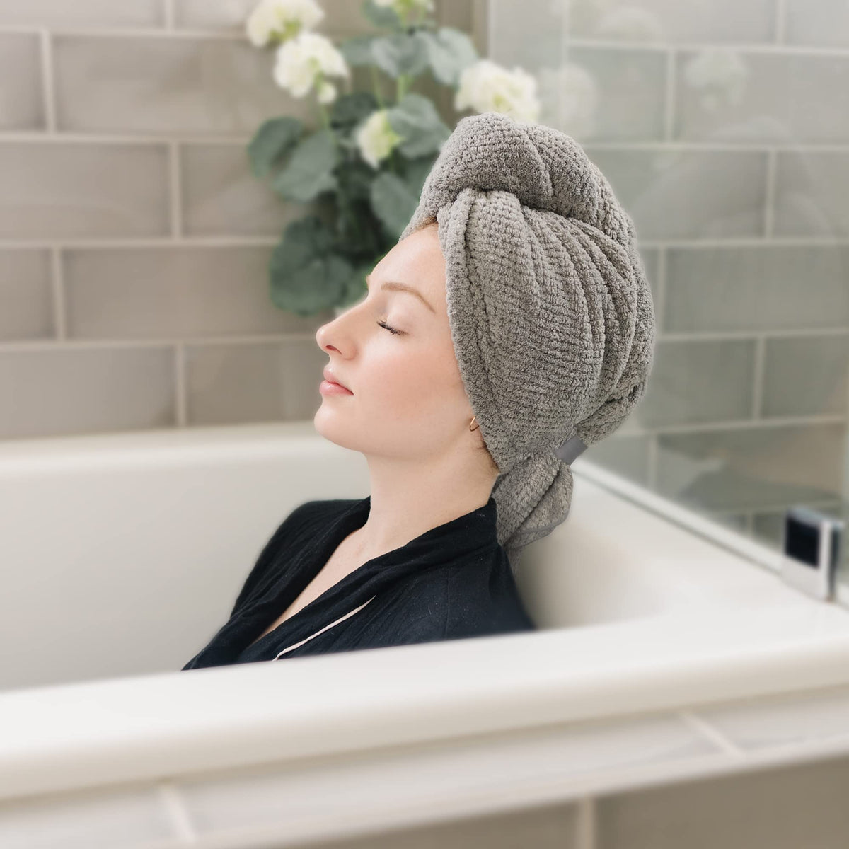 ROLSHOL Microfiber Hair Towel Wraps in use while applying makeup