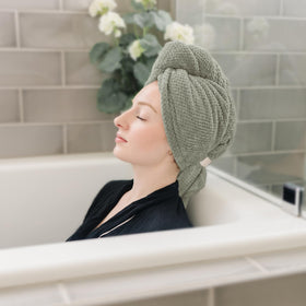 ROLSHOL Microfiber Hair Towel Wraps on a bathroom counter