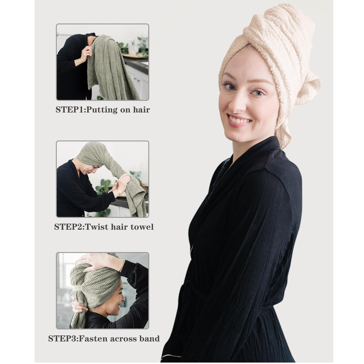 ROLSHOL Microfiber Hair Towel Wraps showing elastic fixing band