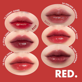 rom&nd Juicy Lasting Tint Cherry Bomb swatch on lips