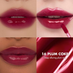 rom&nd The Juicy Lasting Tint 16 Plum Coke glossy finish close-up