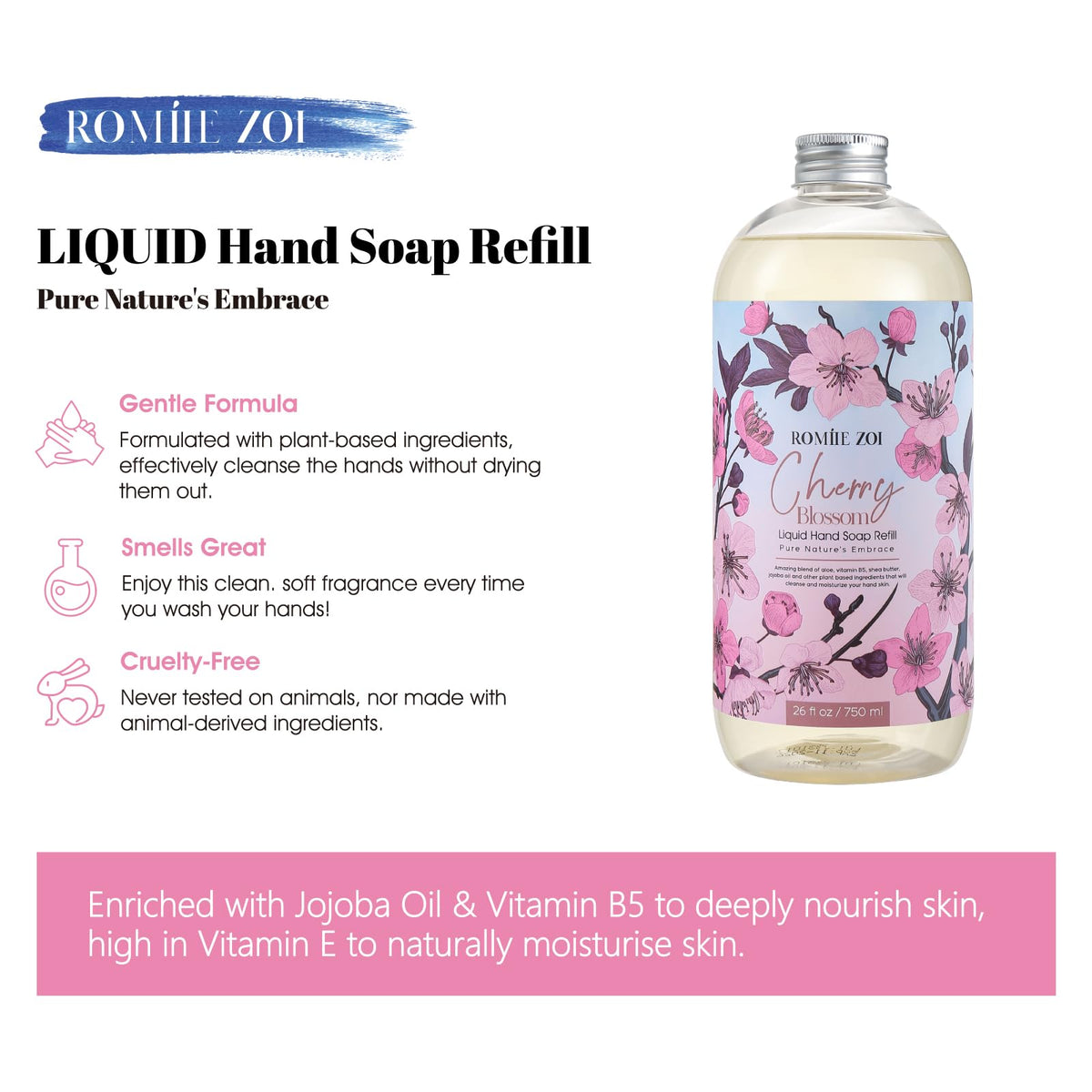 ROMIIE ZOI Cherry Blossom Hand Soap Refill in a bathroom setting