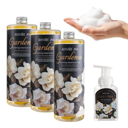 ROMIIE ZOI Gardenia Foaming Hand Soap Refill Set with dispenser front view