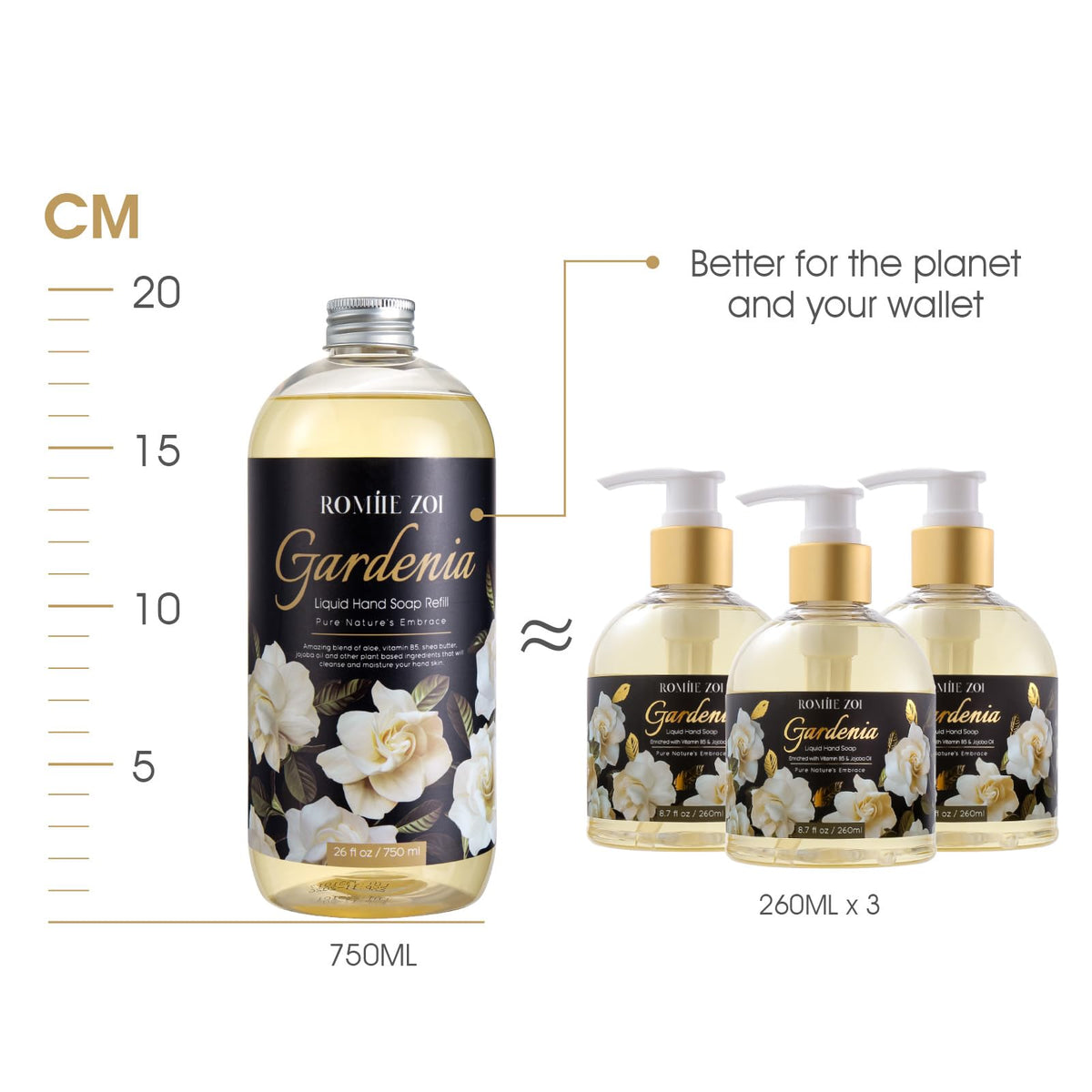 ROMIIE ZOI Hand Soap Gardenia 750 ML bottle side view