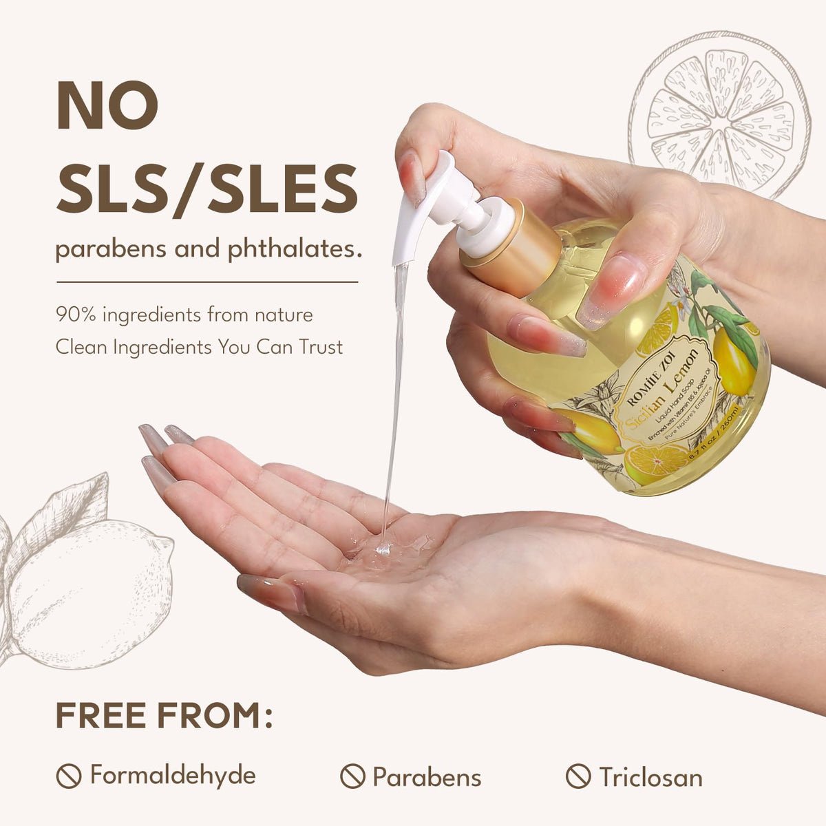 ROMIIE ZOI hand soap refill bottle with lemon slices