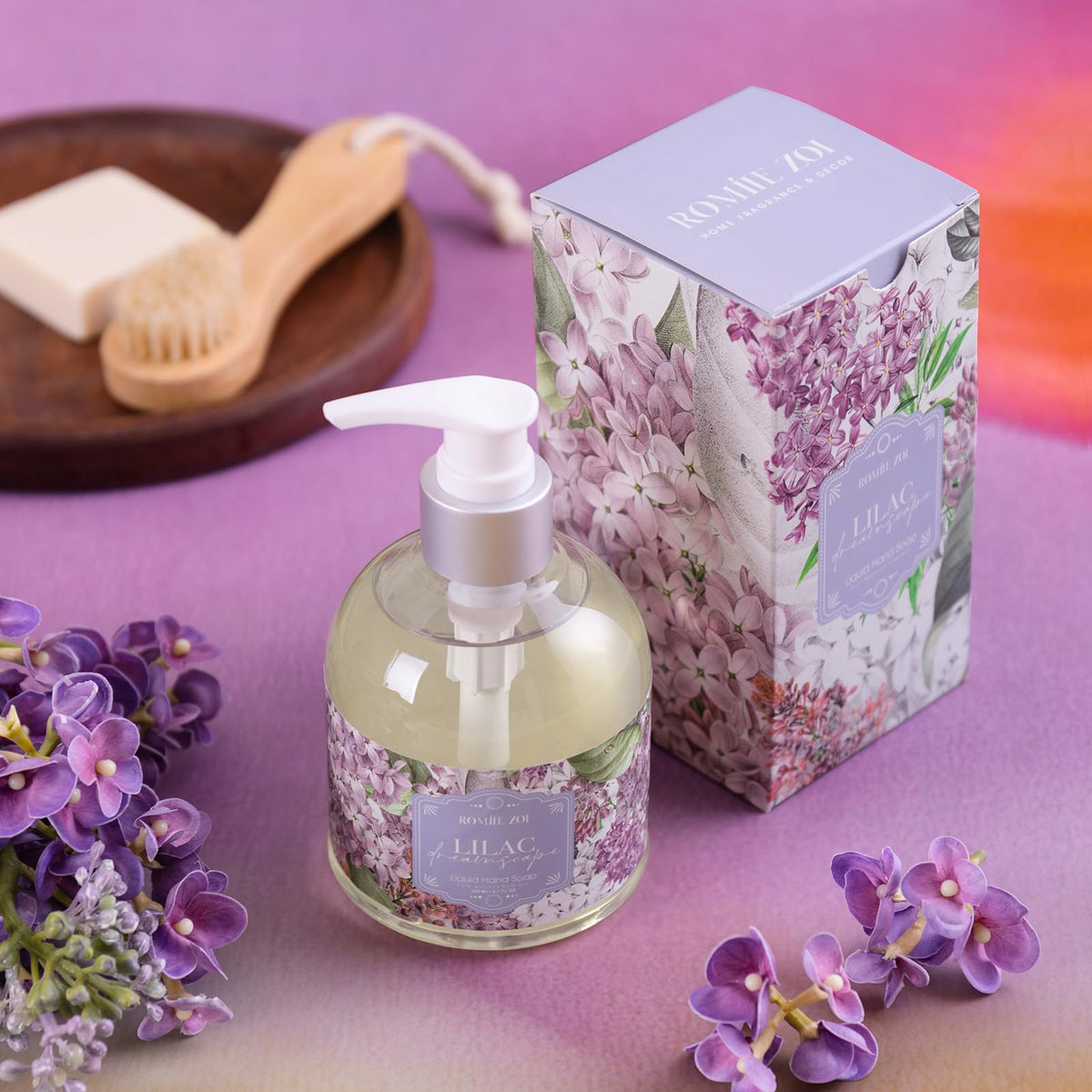 ROMIIE ZOI Liquid Hand Soap bottle on a bathroom sink
