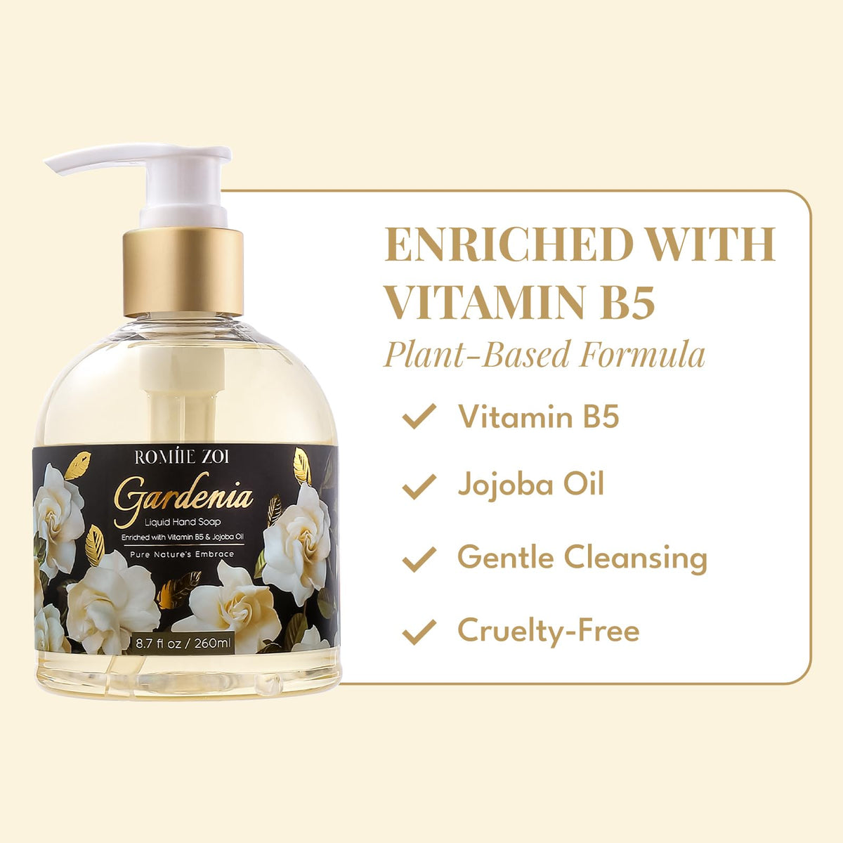 ROMIIE ZOI Liquid Hand Soap Gardenia bottle side view