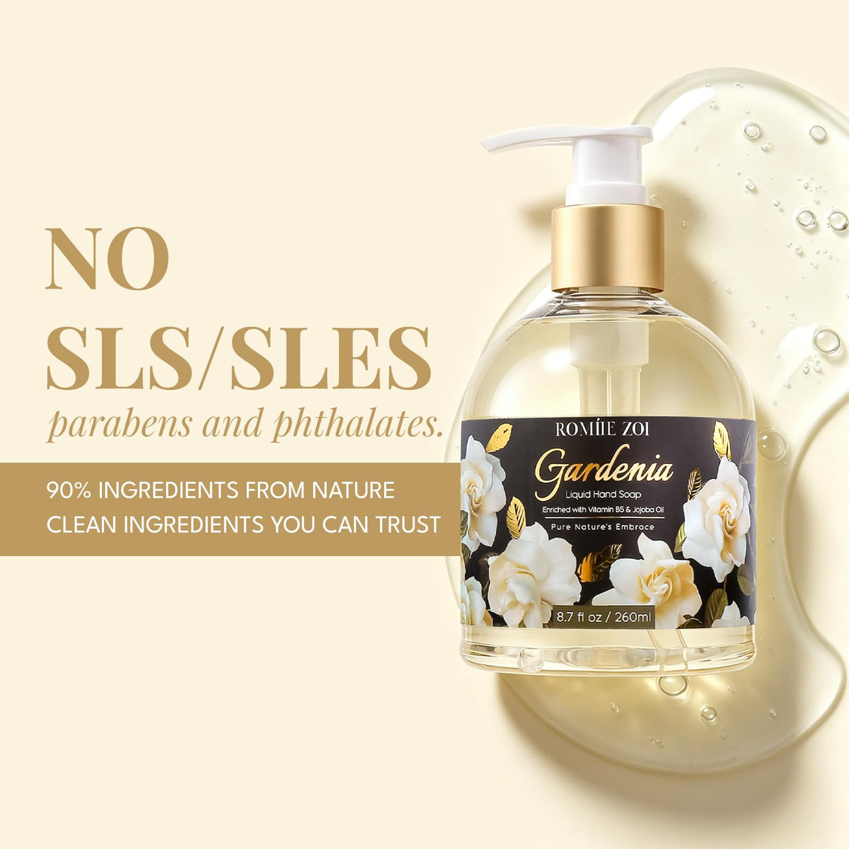 ROMIIE ZOI Liquid Hand Soap Gardenia bottle top view