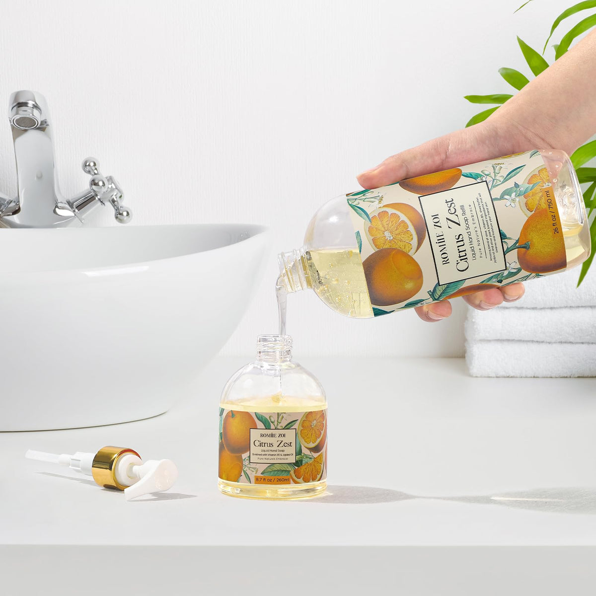 ROMIIE ZOI Liquid Hand Soap Refill Citrus Zest 750 ML in a bathroom setting