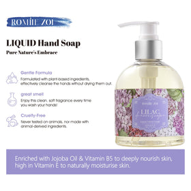 ROMIIE ZOI Liquid Hand Soap with lilac flowers in background