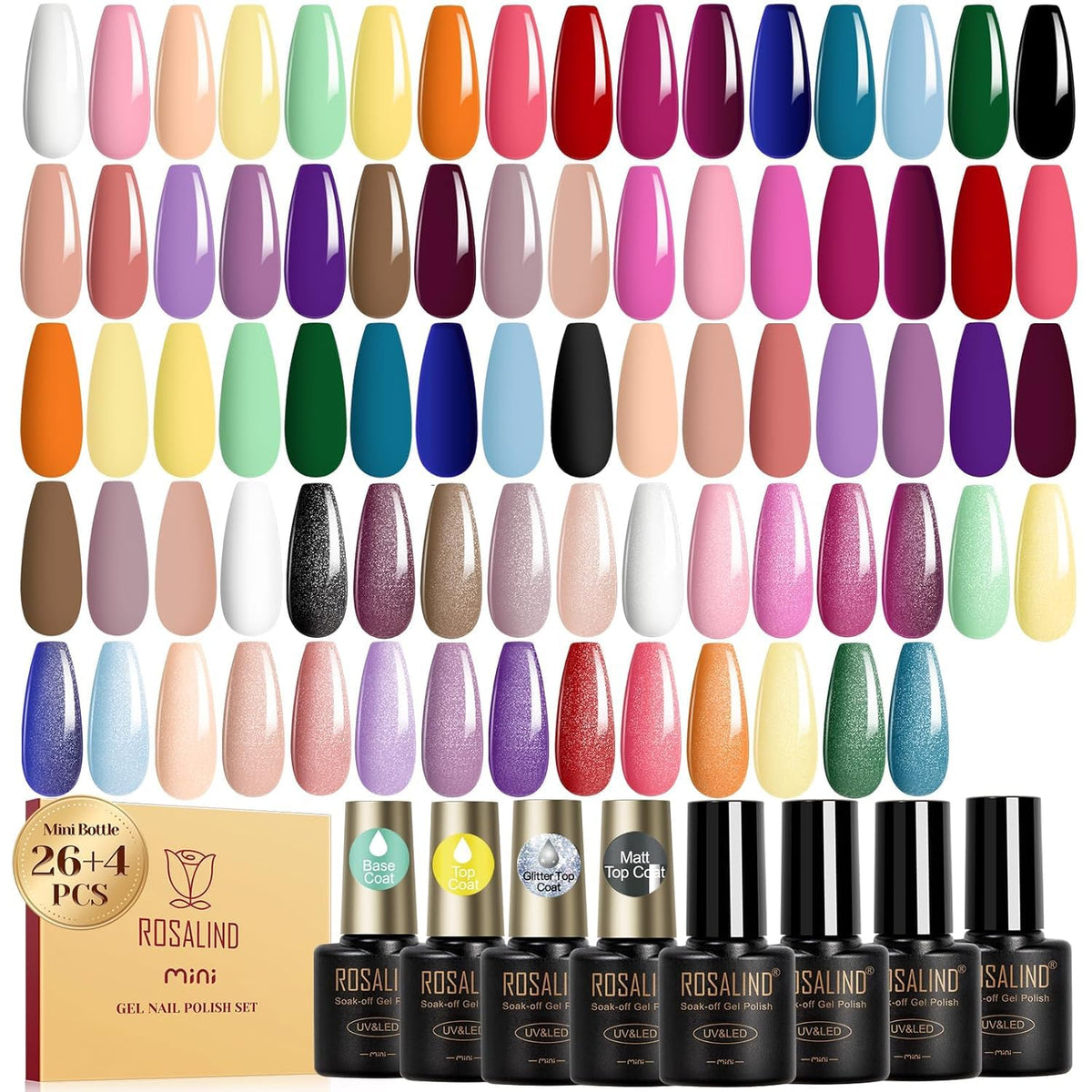 ROSALIND 30pcs Gel Nail Polish Set with vibrant colours and base coat