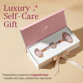 Rose Quartz Face Roller lifestyle scene on vanity