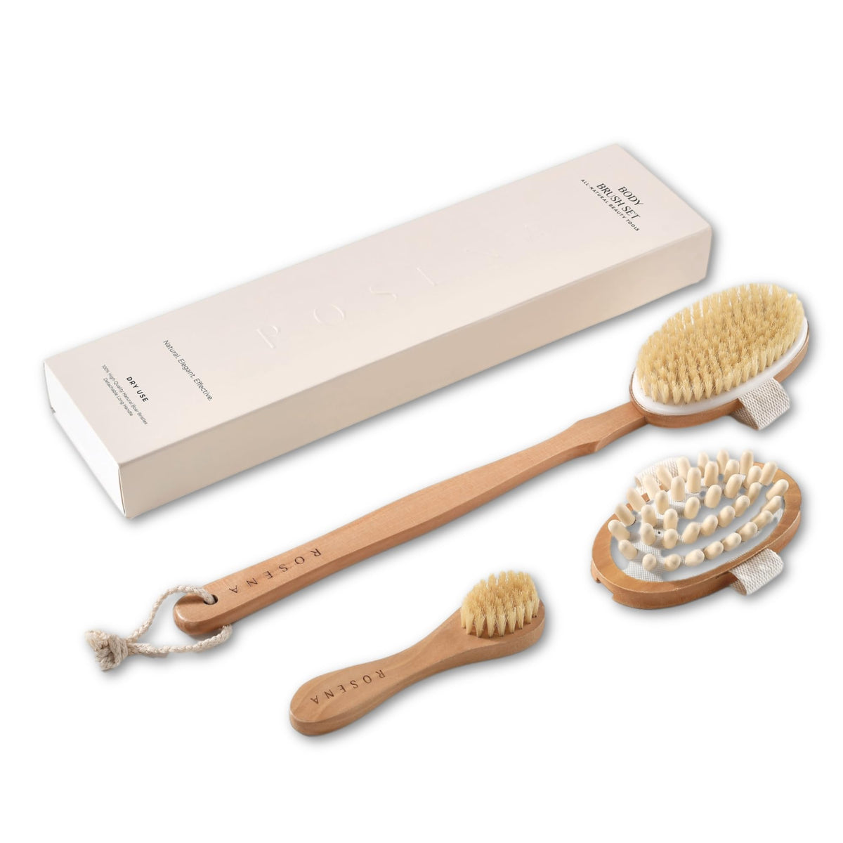 ROSENA Dry Brushing Body Brush Set with natural bristles and long handle