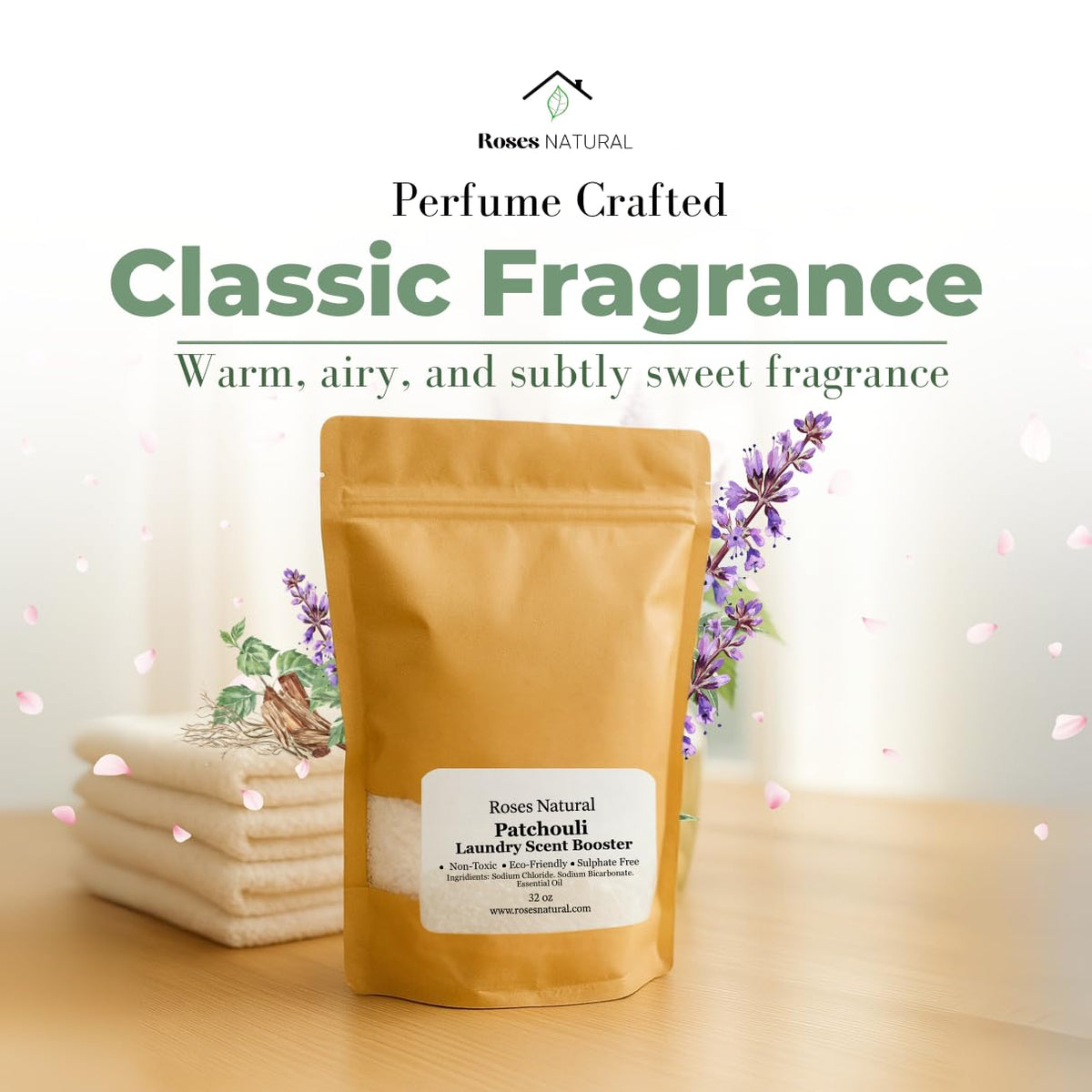 Roses Natural Patchouli scent support packaging side view