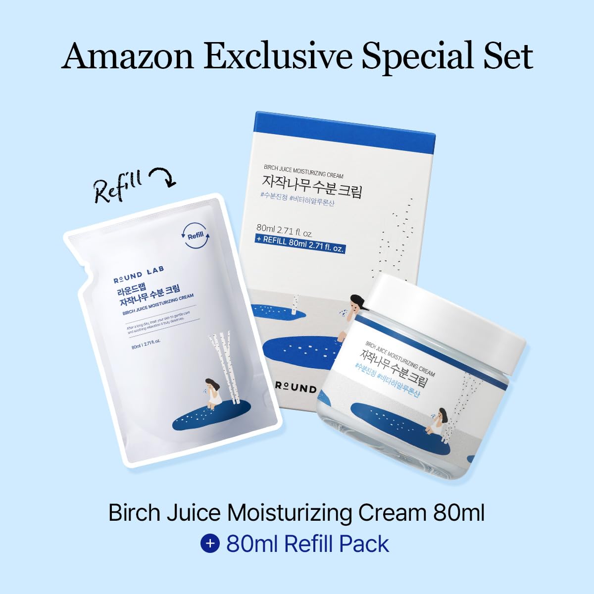 ROUND LAB Birch Juice Moisturizing Cream refill set showing two jars