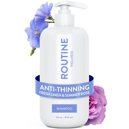 Routine Wellness Anti-Thinning Shampoo front view with Fresh Linen scent