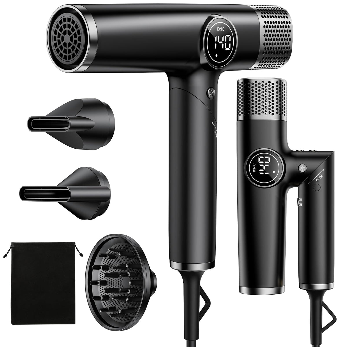 ROUUO Dual Voltage Travel Hair Dryer front view with diffuser