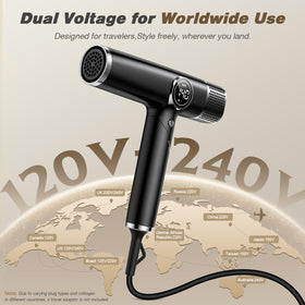 ROUUO Dual Voltage Travel Hair Dryer side view showing controls