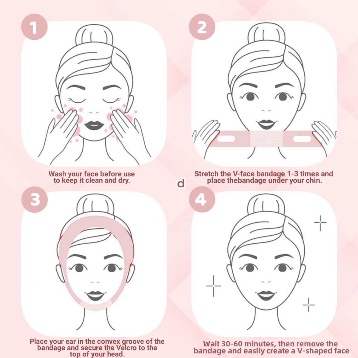 ROWMATE V Line Lifting Mask Chin Strap in light pink with measurement details
