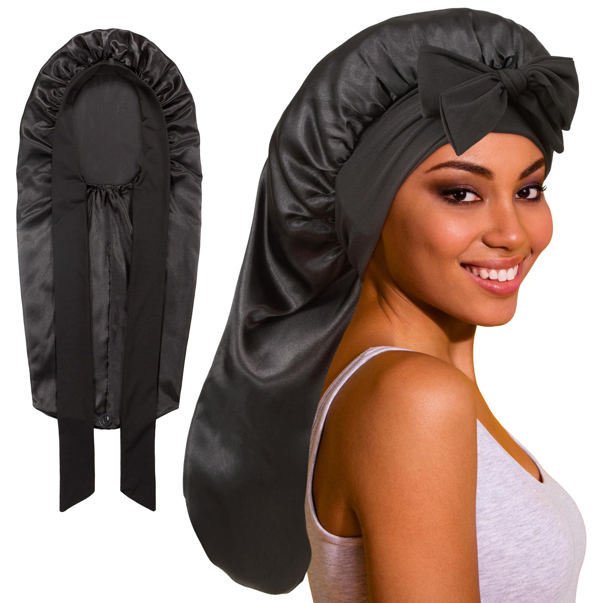 ROYBENS Long Satin Bonnet front view with adjustable tie band