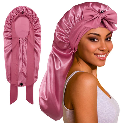 ROYBENS Long Satin Bonnet front view with tie band