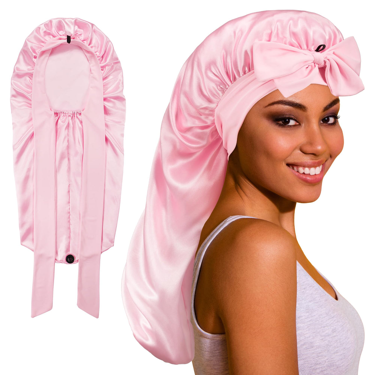 ROYBENS Long Satin Bonnet front view with tie band