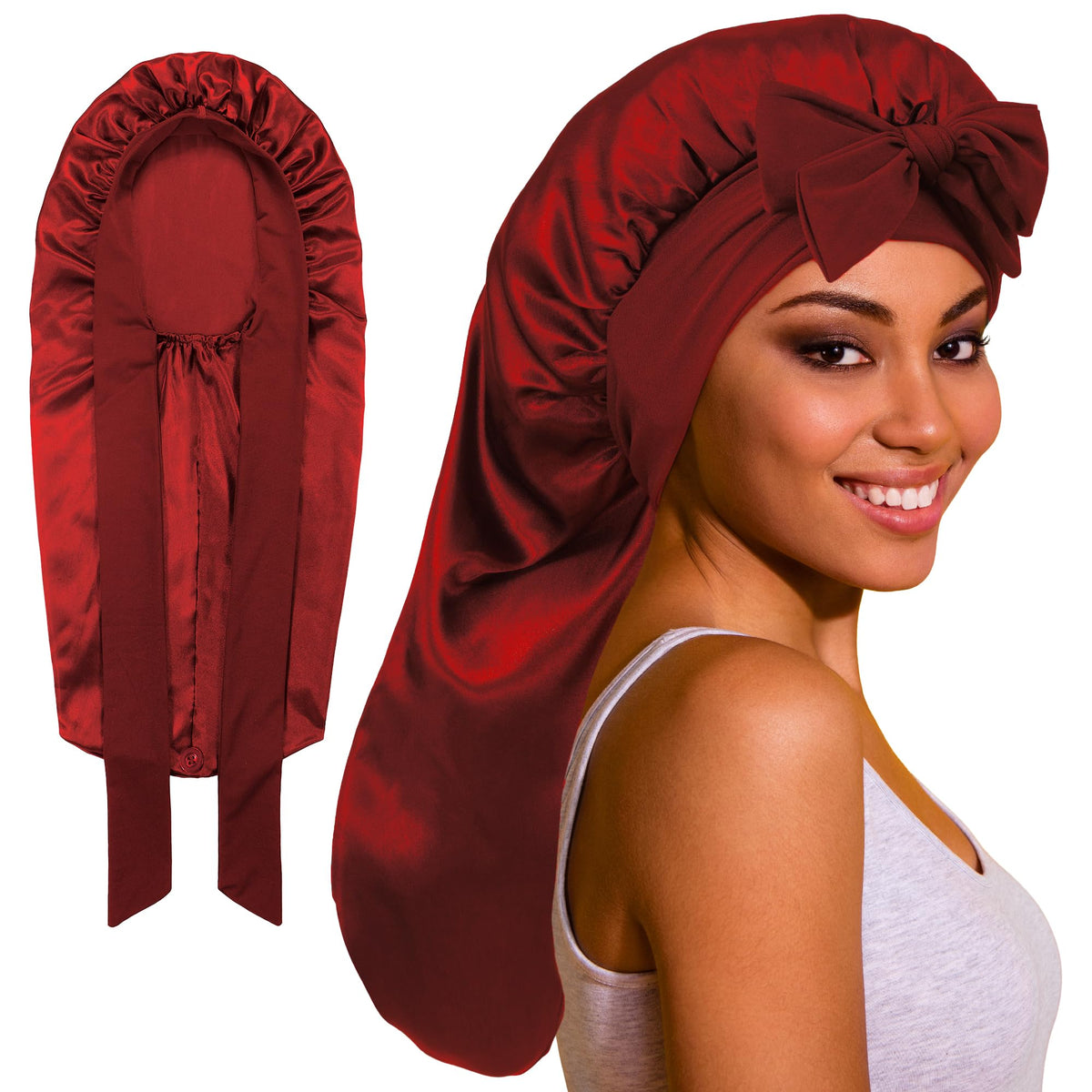 ROYBENS Long Satin Bonnet front view with tie band