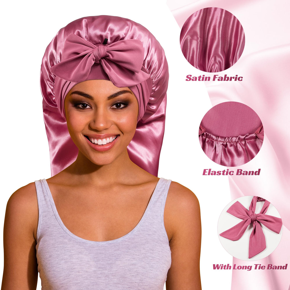 ROYBENS Long Satin Bonnet showing adjustable tie band