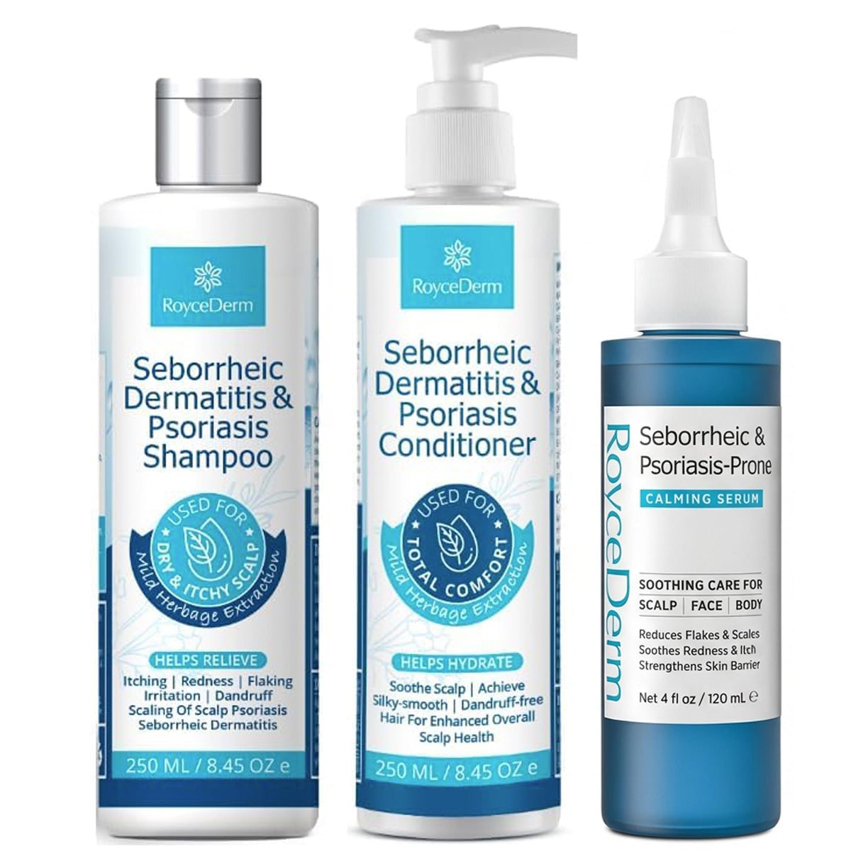Roycederm 3-Step Routine Bundle Shampoo, Conditioner, Serum front view