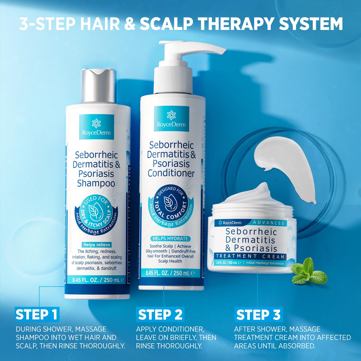 Roycederm scalp cream application on a hand