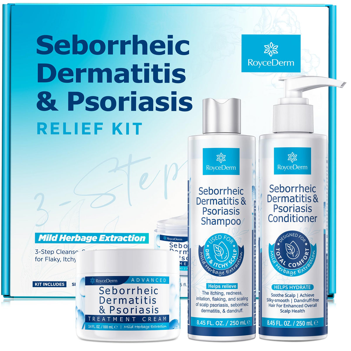 Roycederm Scalp Therapy System cream, shampoo, and conditioner set front view