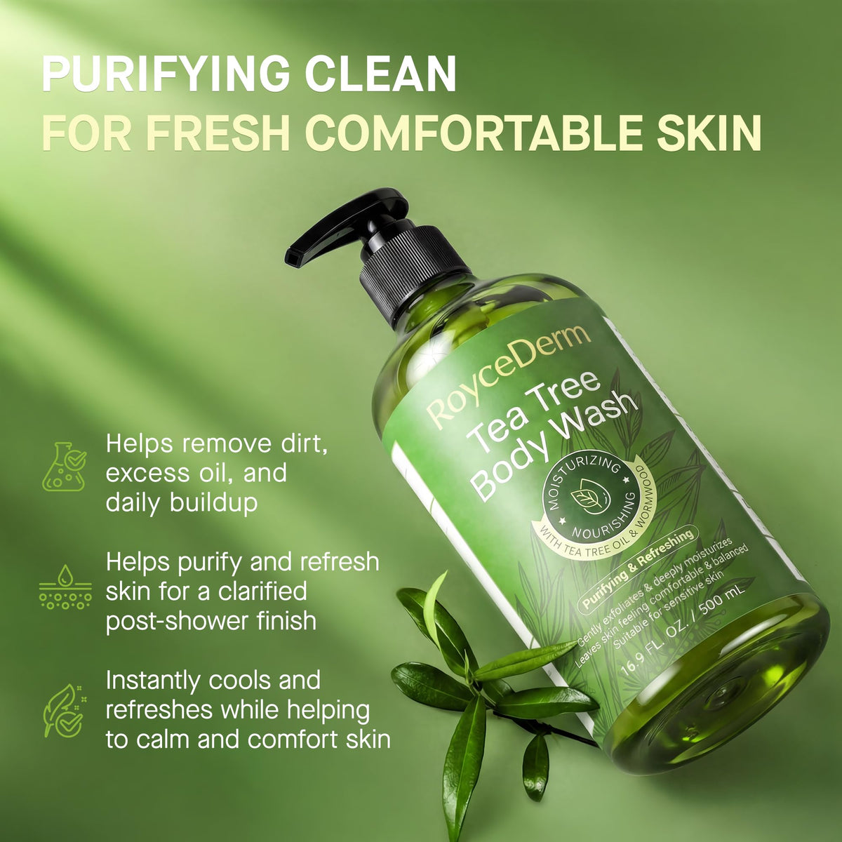 Roycederm Tea Tree Body Wash 16.9 Fl Oz packaging side view