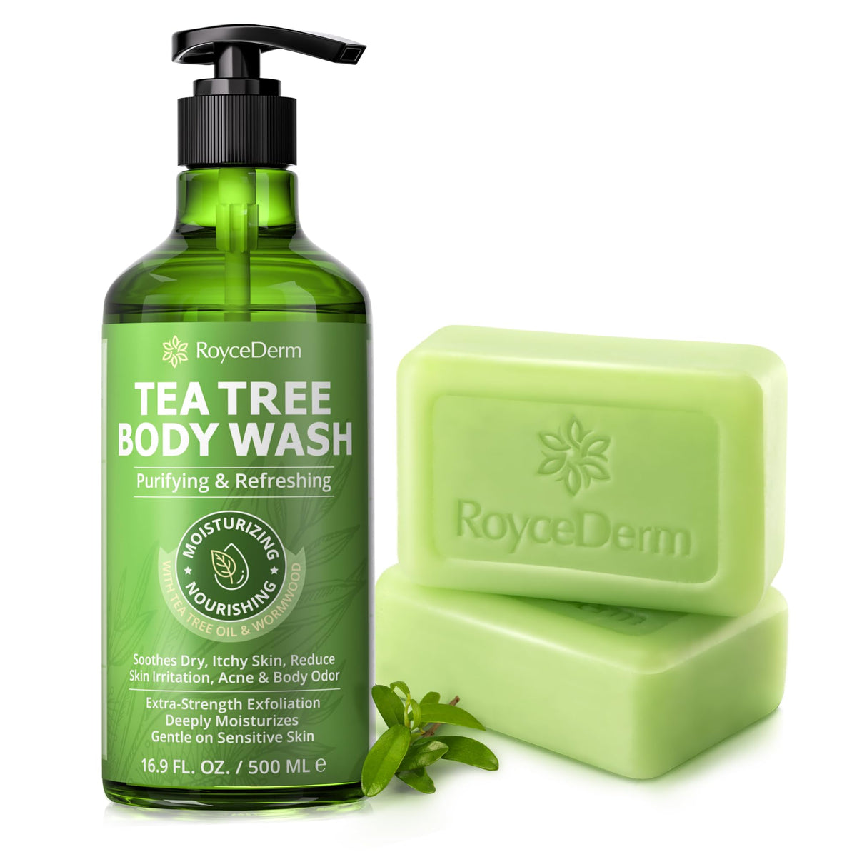 Roycederm Tea Tree Body Wash and Soap Bar Set front view