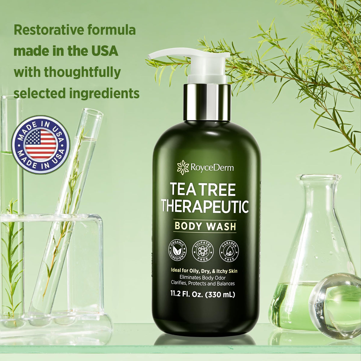 Roycederm Tea Tree Body Wash back view with ingredients