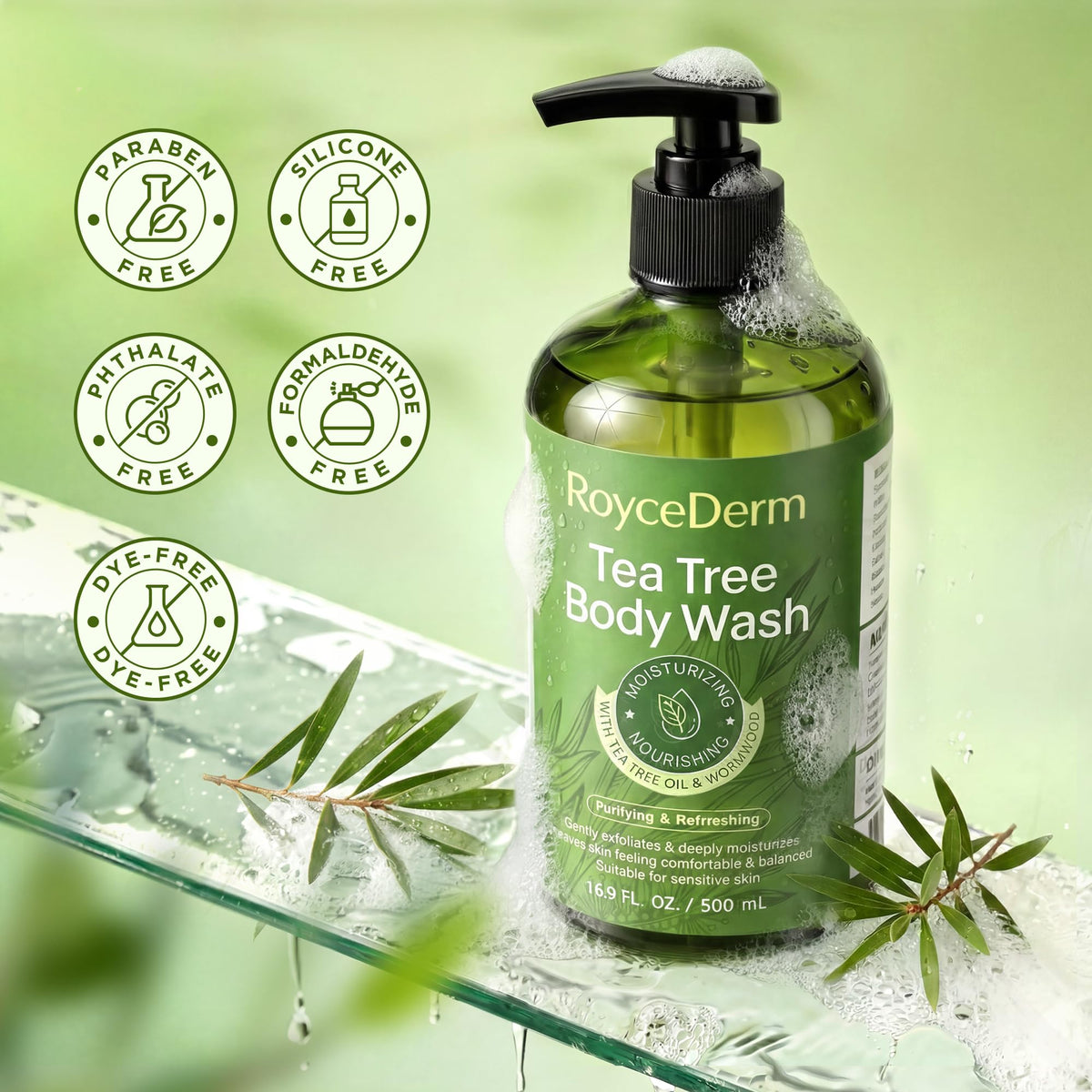 Roycederm Tea Tree Body Wash ingredients list close-up
