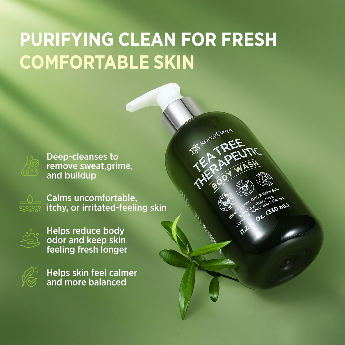 Roycederm Tea Tree Body Wash side view showing packaging