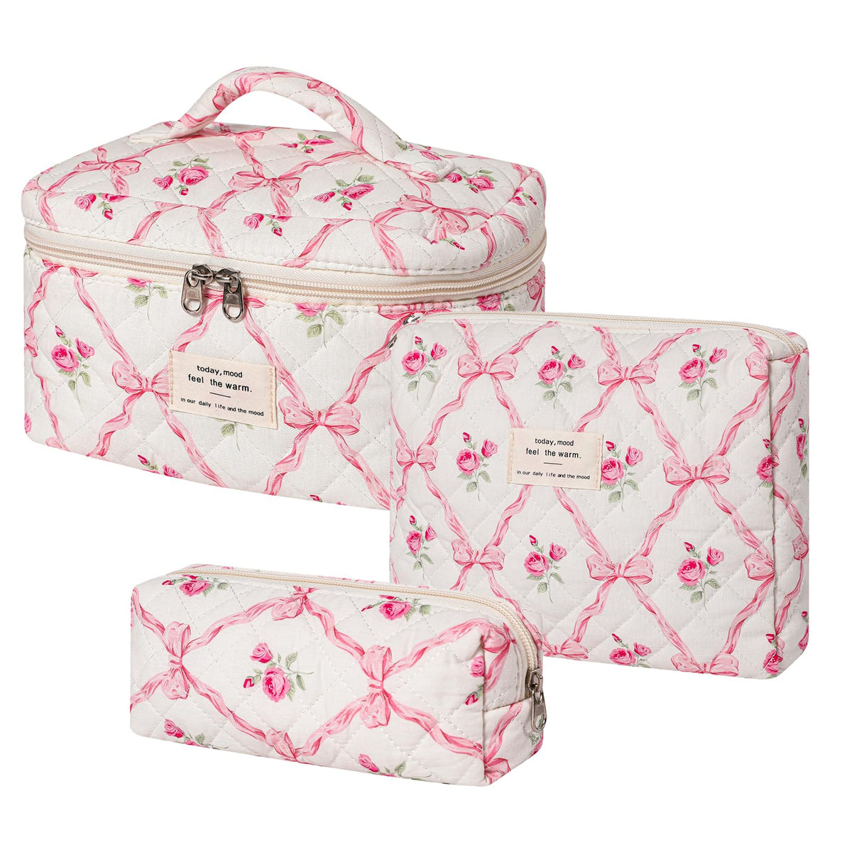 RSRSLEII Floral Cotton Makeup Bag Set front view with pink bows