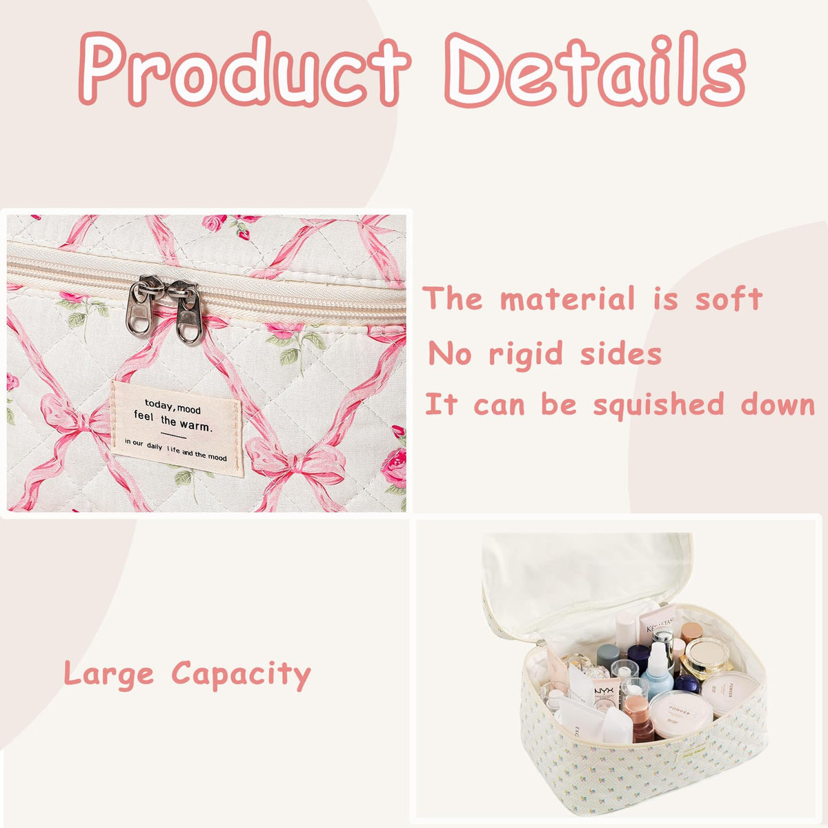 RSRSLEII Medium Floral Cotton Makeup Bag open with cosmetics